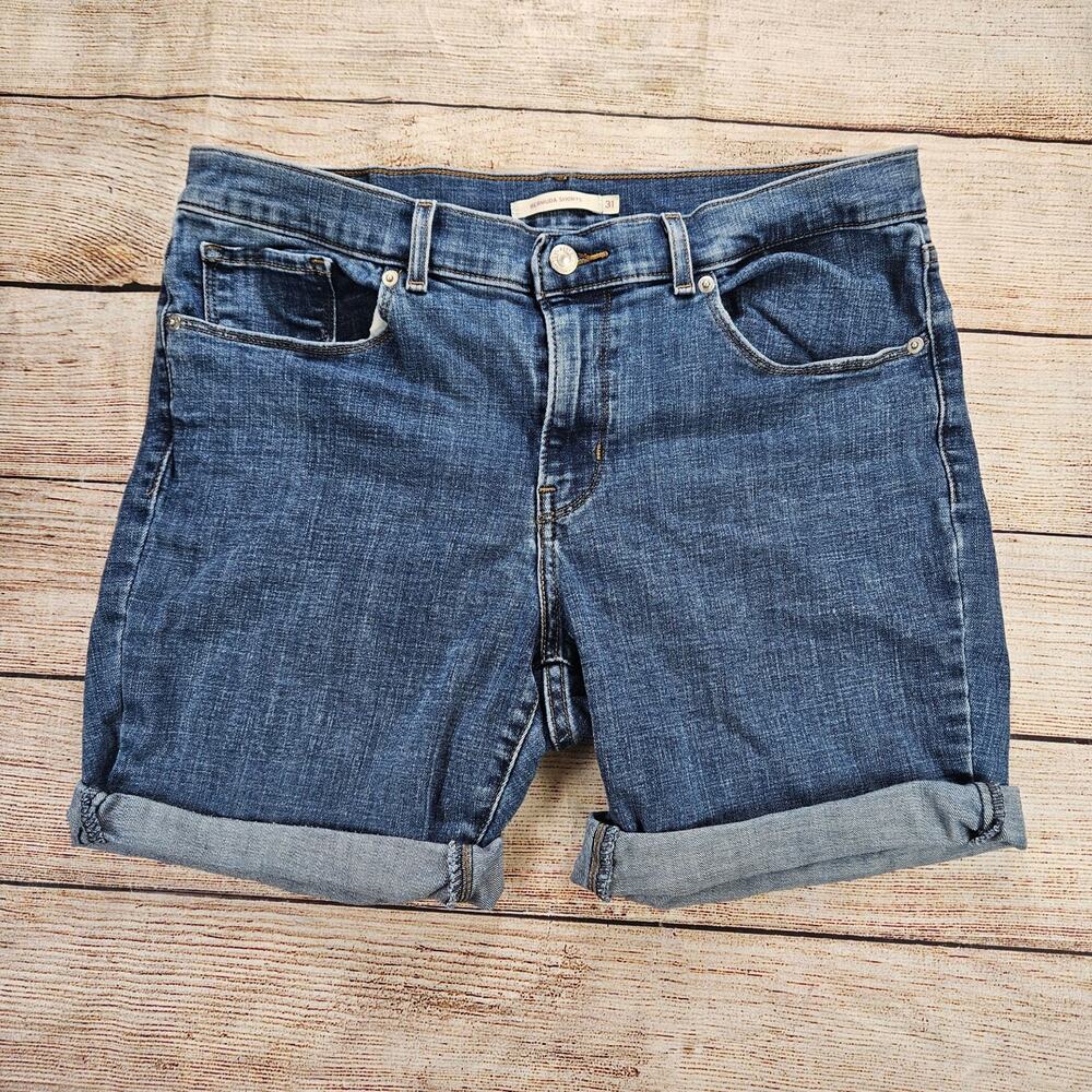 Levi's Women's Blue Bermuda Shorts W31 Cuffed Denim Stretch Mid-Rise